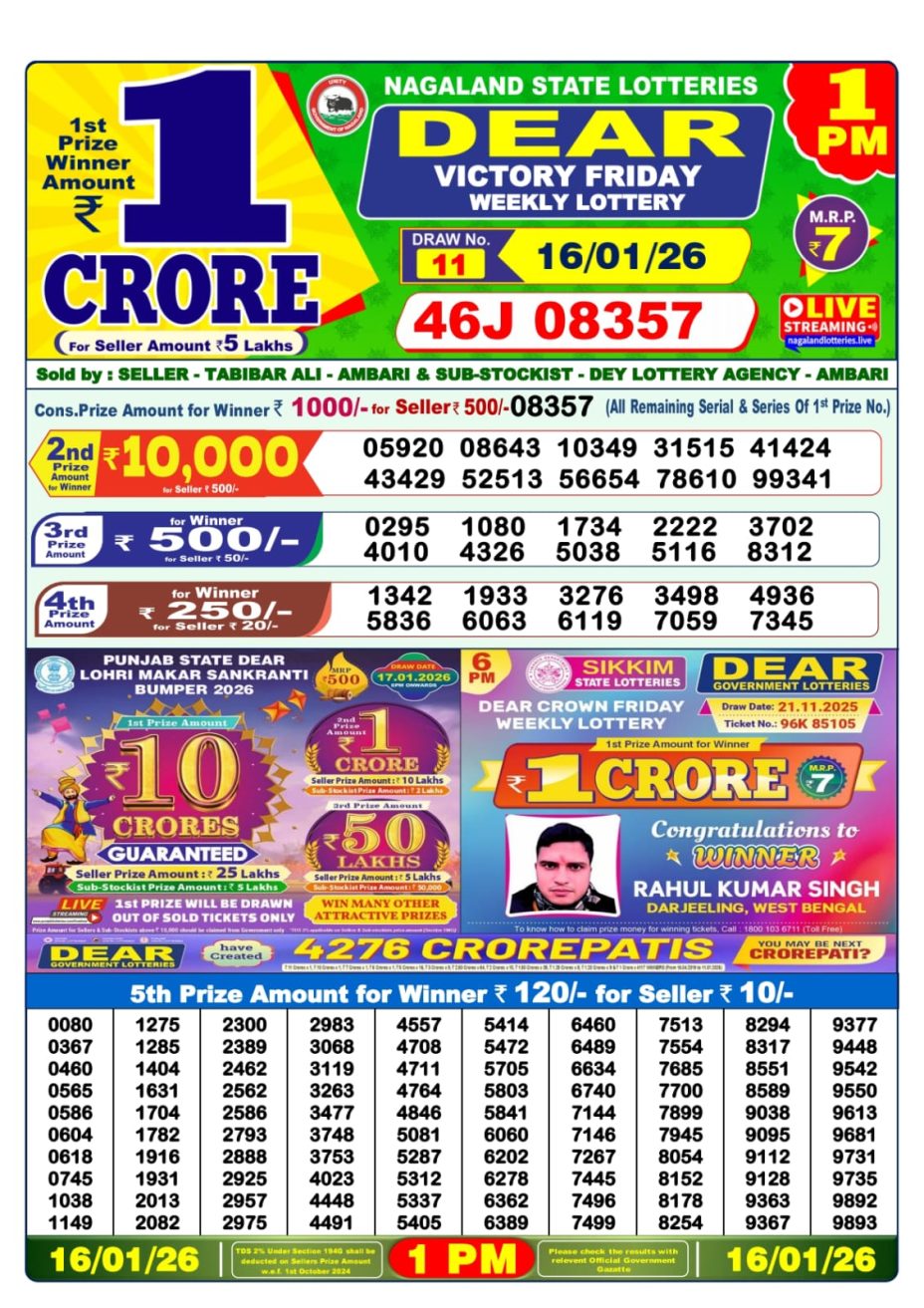আজকের ডিয়ার লটারি সংবাদ 1 PM Result West Bengal 16-01-2026