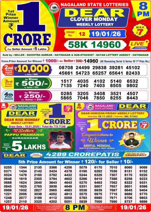 আজকের ডিয়ার লটারি সংবাদ 8 PM Result West Bengal 19-01-2026