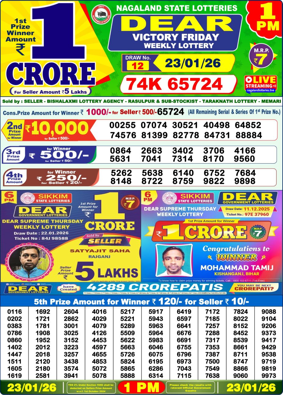 আজকের डিয়ার लটারি সংবাদ 1 PM Result West Bengal 23-01-2026