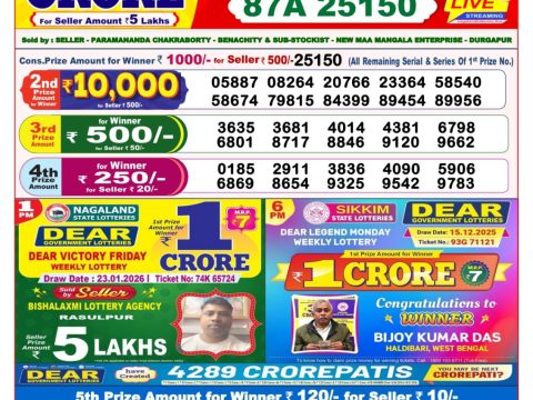 আজকের ڈিয়ার लটারি সংবাদ 8 PM Result West Bengal 23-01-2026