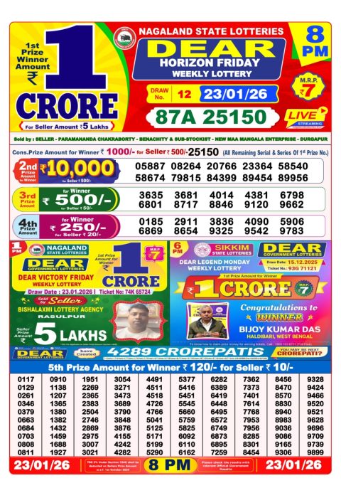 আজকের ڈিয়ার लটারি সংবাদ 8 PM Result West Bengal 23-01-2026
