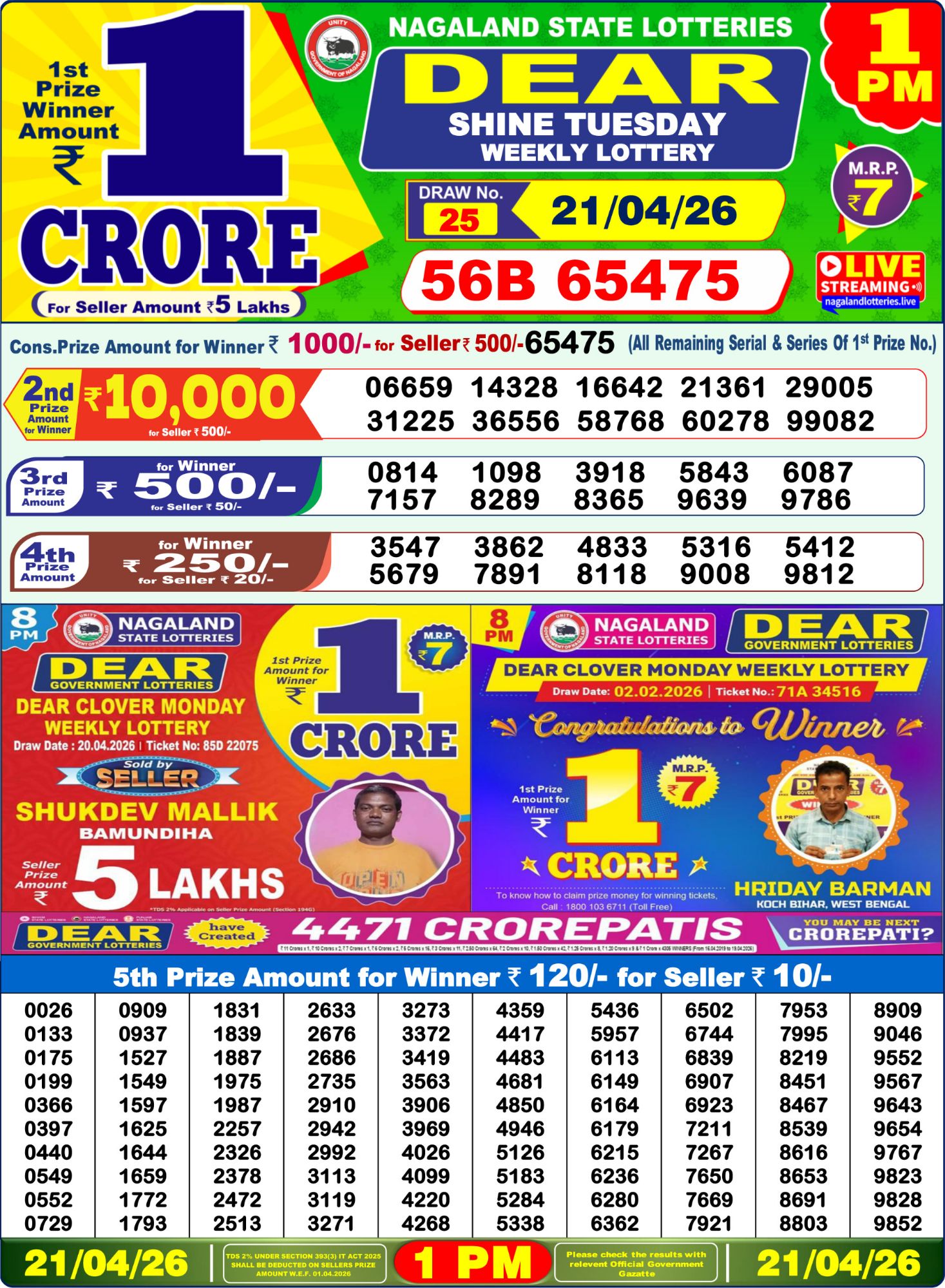 Dear Lottery 1PM Result