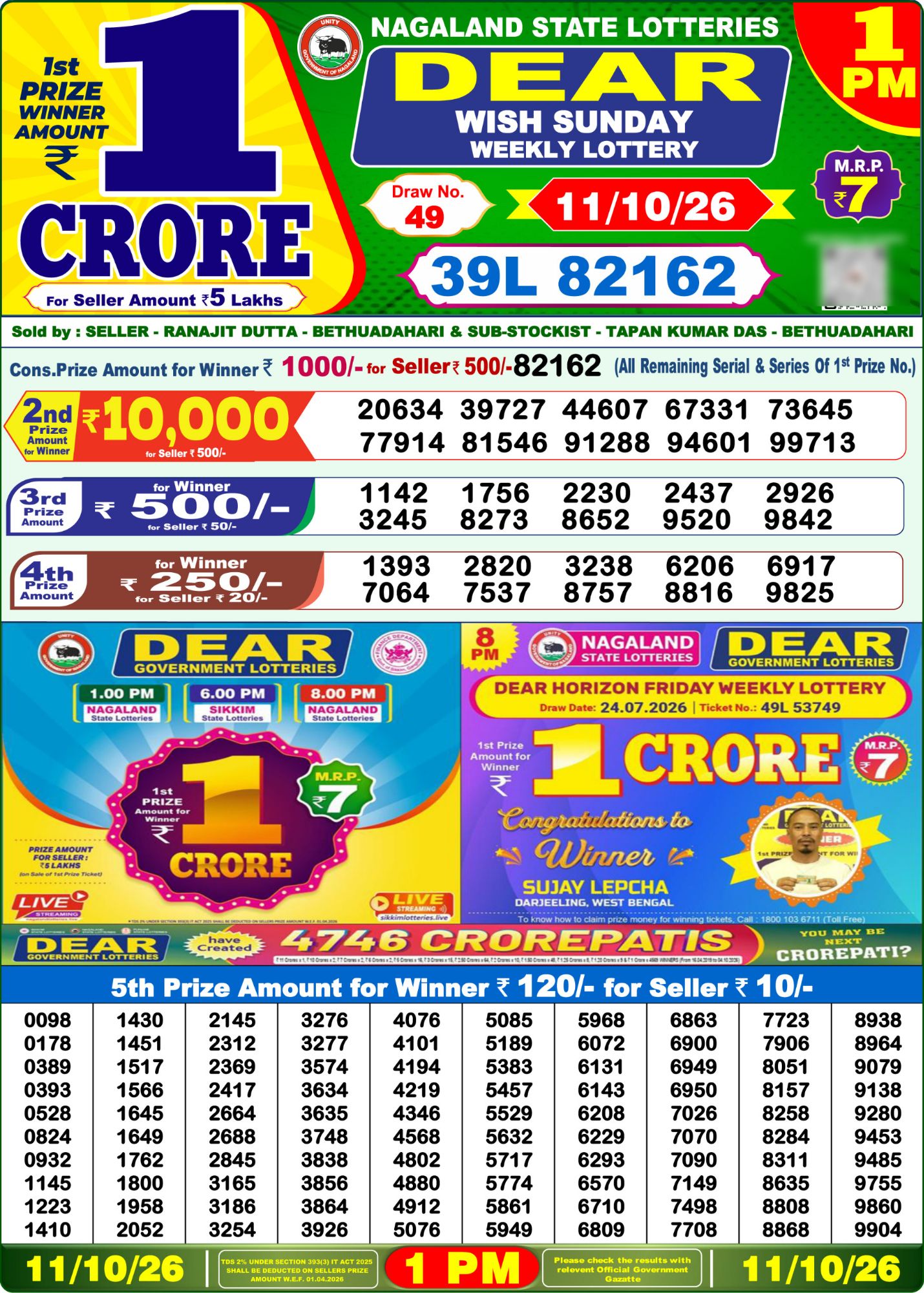 Dear Lottery 1PM Result