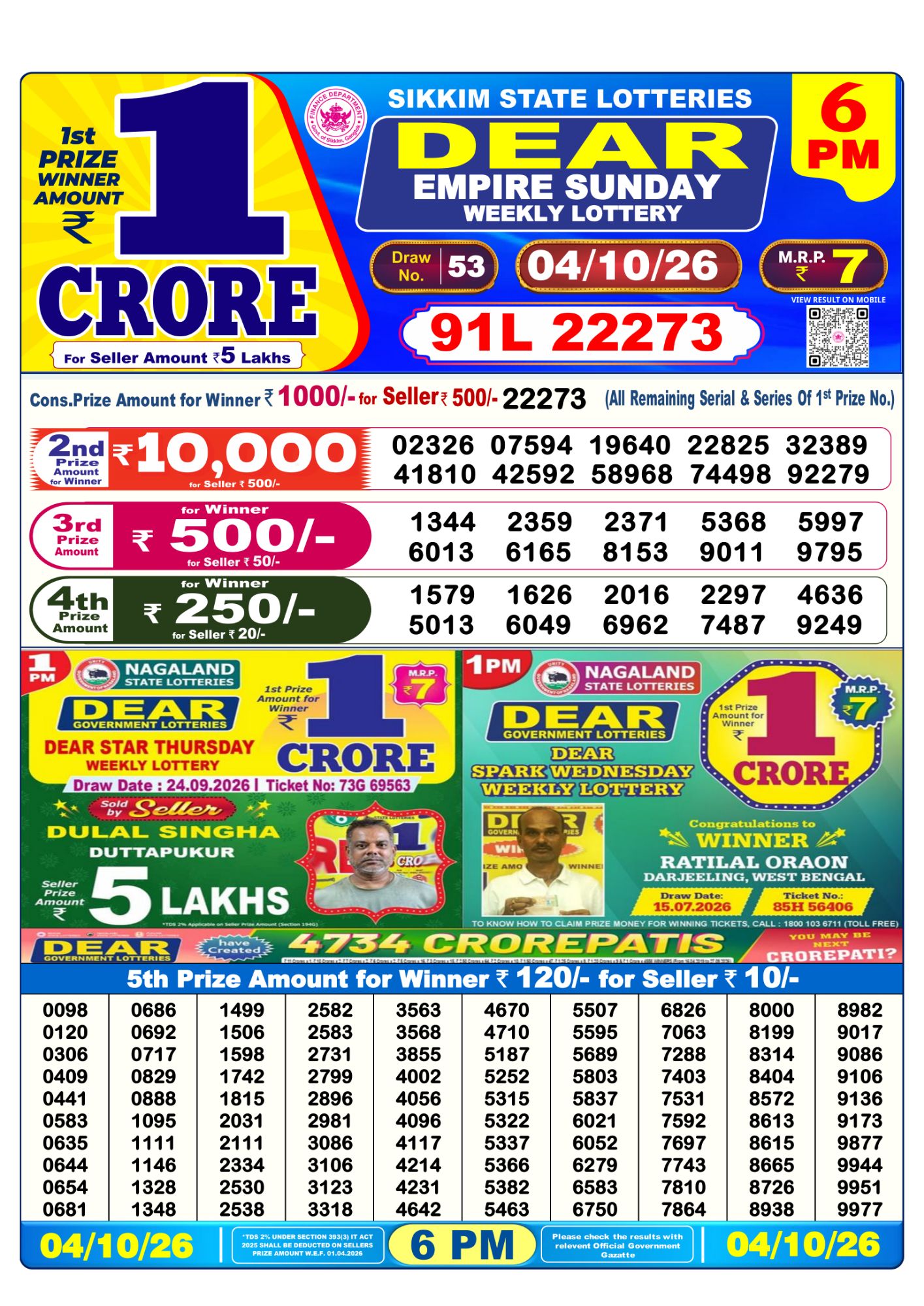 Dear Lottery 6PM Result